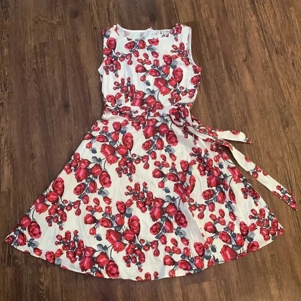 Vintage Belted Rose Floral Print Dress